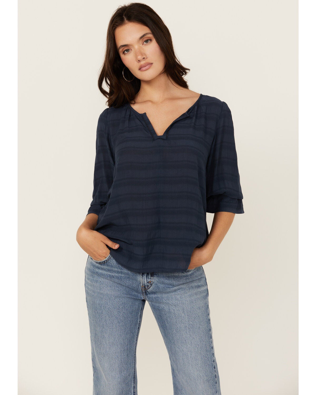 Shyanne Women's Cross Hatch Long Sleeve Peasant Blouse, Navy, hi-res