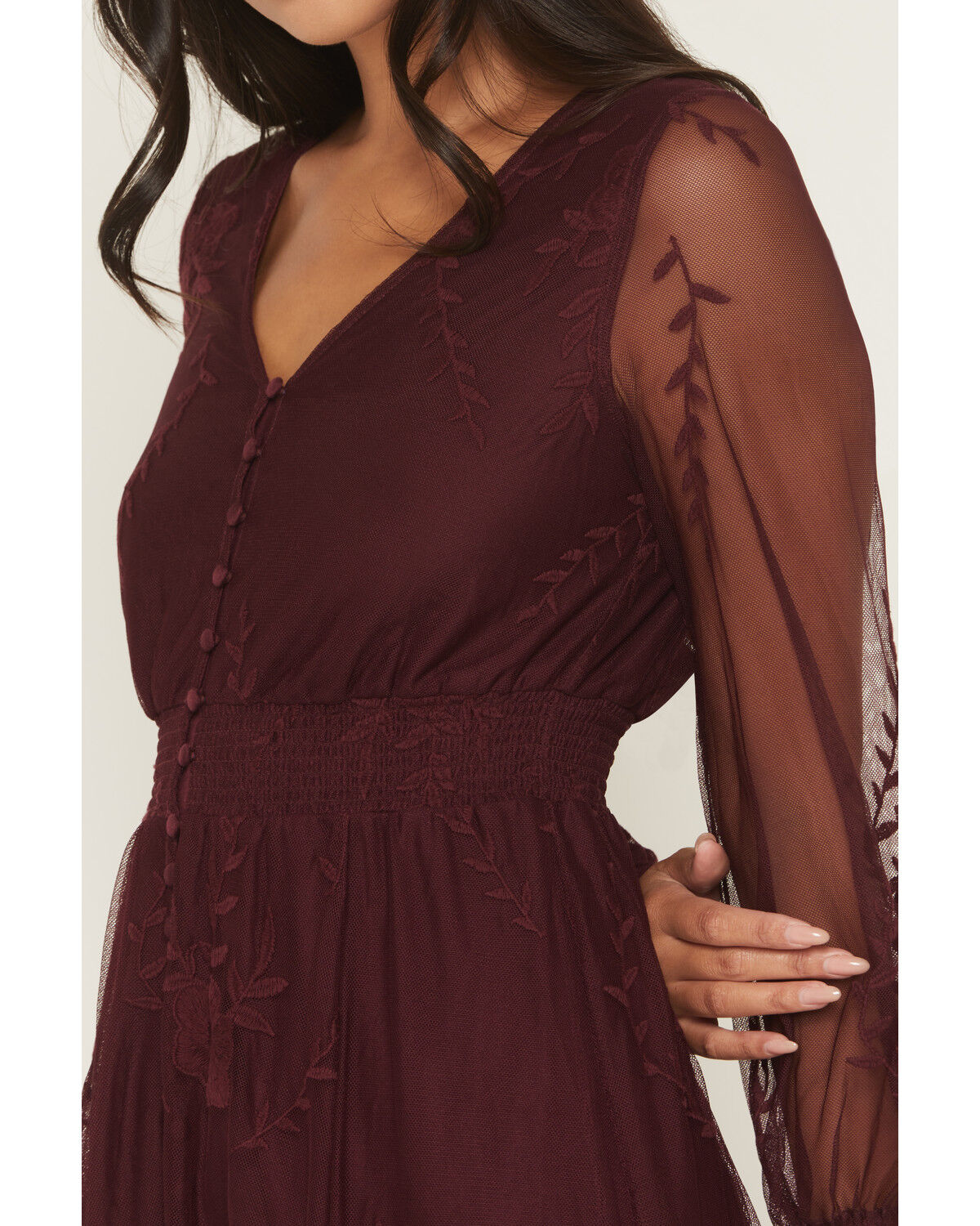 Image #3 - Shyanne Women's Hillside Floral Embroidered Long Sleeve Button-Down Mesh Midi Dress, Brick Red, hi-res