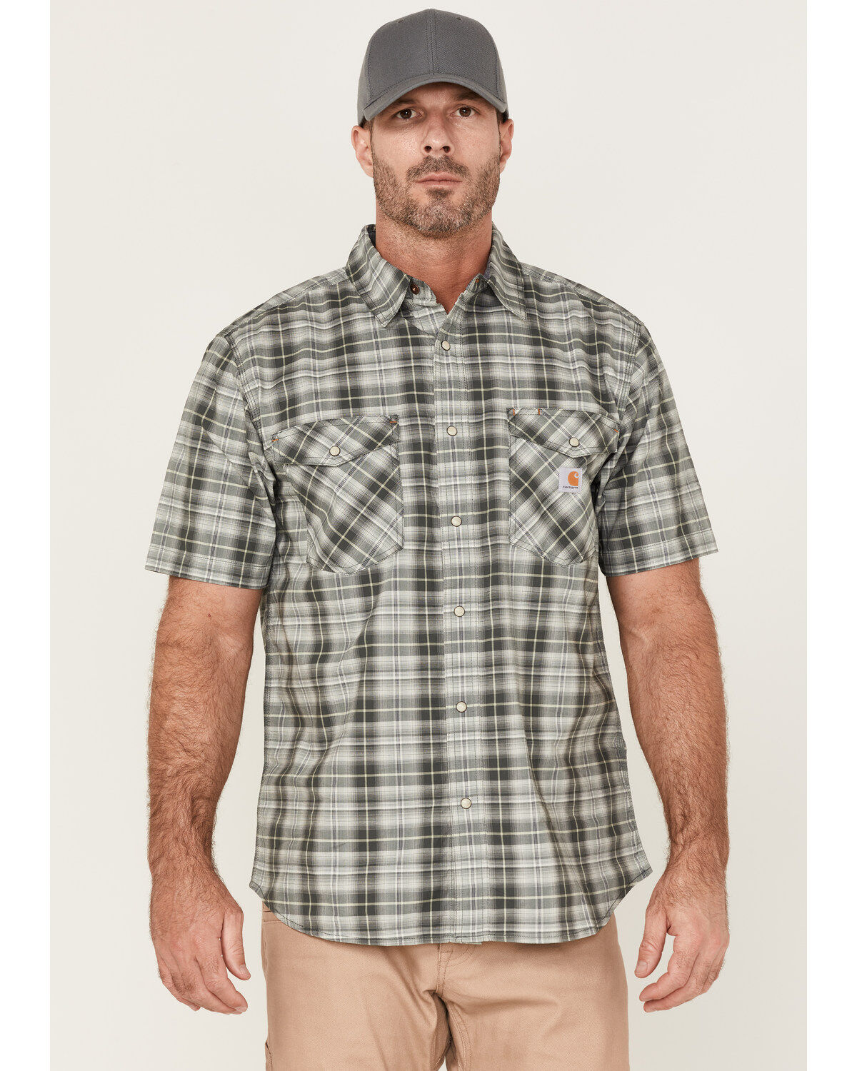 Image #1 - Carhartt Men's Rugged Flex Relaxed Fit Short Sleeve Snap Plaid Shirt, , hi-res