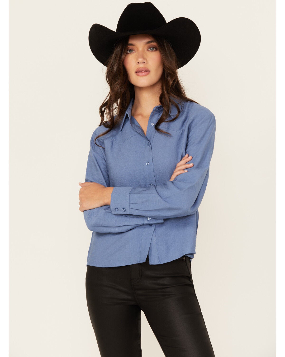 Evergreen Women's Solid Long Sleeve Button-Down Western Shirt, Blue, hi-res
