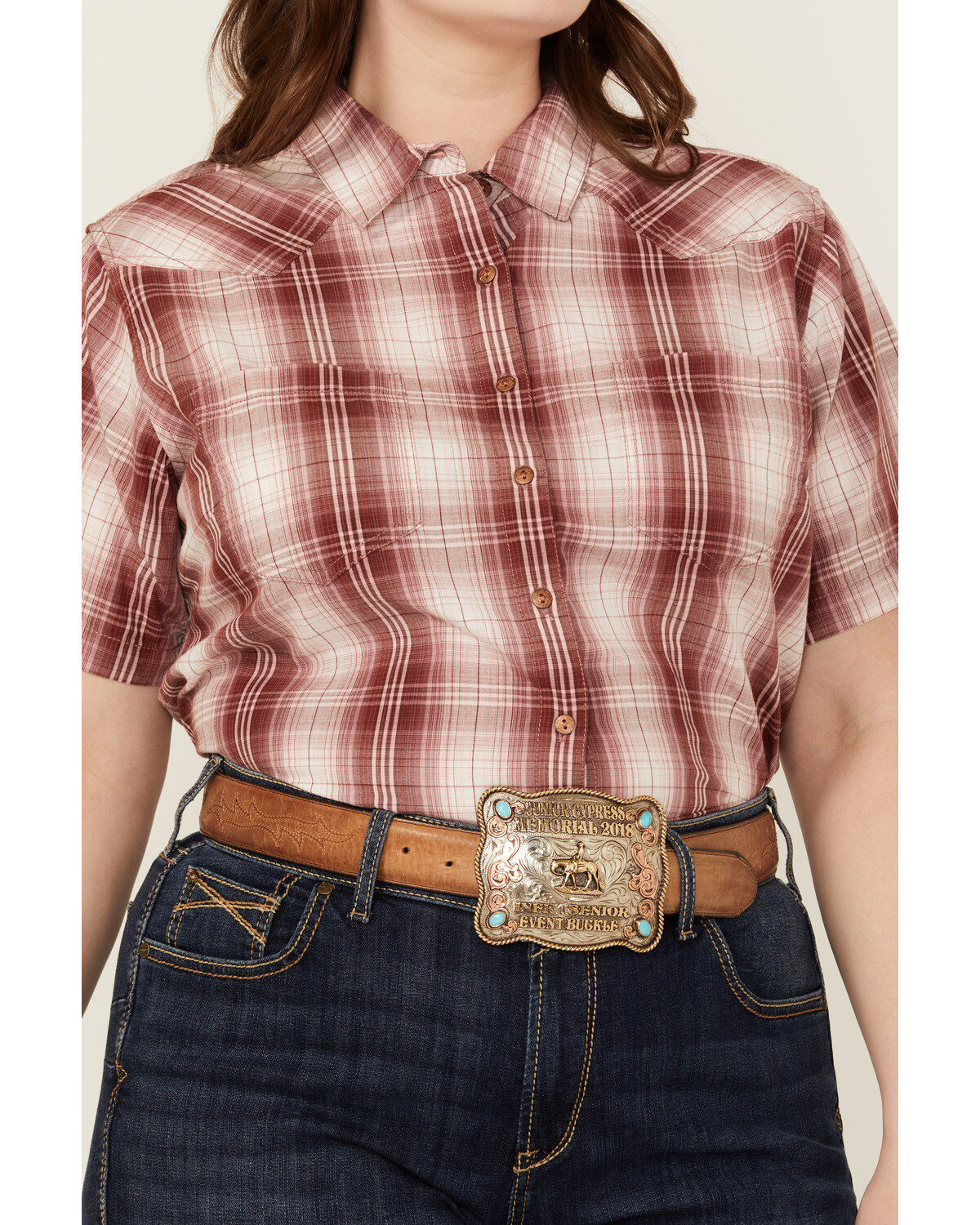Image #3 - Ariat Women's Billie Jean Plaid Print Short Sleeve Button-Down Western Shirt - Plus, Rust Copper, hi-res
