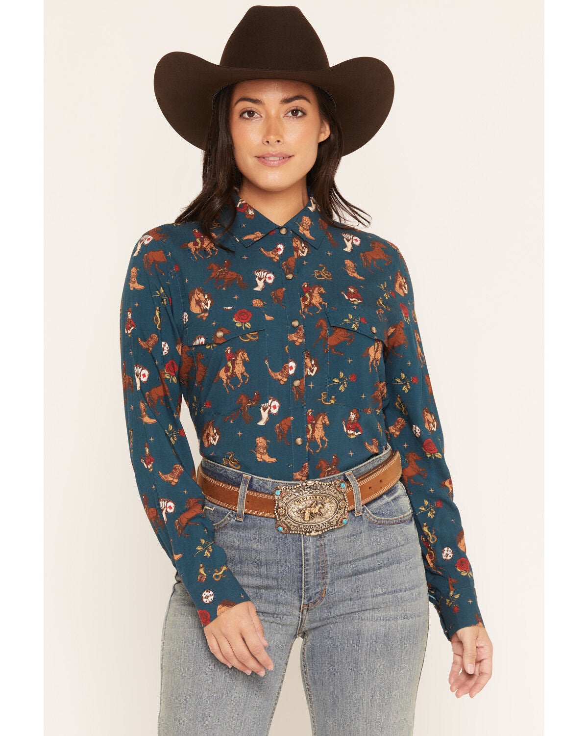 Rock & Roll Denim Women's Western Conversational Print Long Sleeve Snap Western Shirt, Teal, hi-res