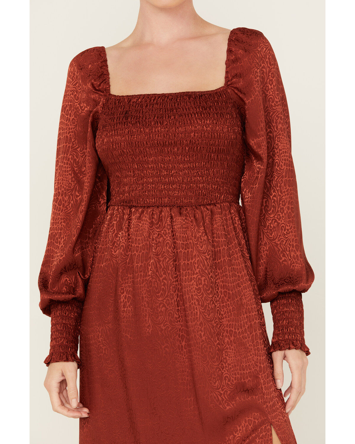 Image #3 - Wrangler Women's Jacquard Print Slit Long Sleeve Midi Dress, Rust Copper, hi-res