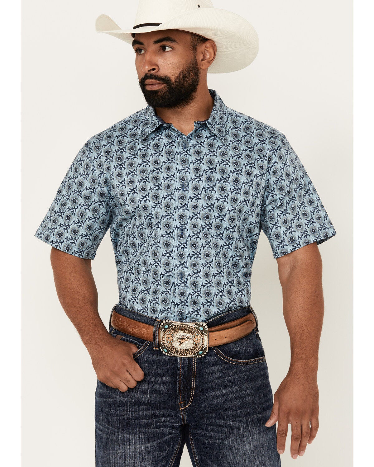 Cody James Men's Sunny Day Floral Medallion Print Short Sleeve Button-Down Stretch Western Shirt, Light Blue, hi-res