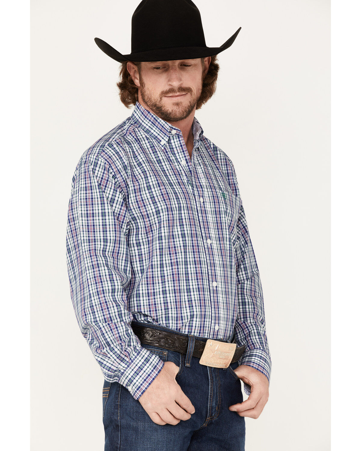 Image #2 - Ariat Men's WF Sidney Small Plaid Long Sleeve Western Shirt, White, hi-res