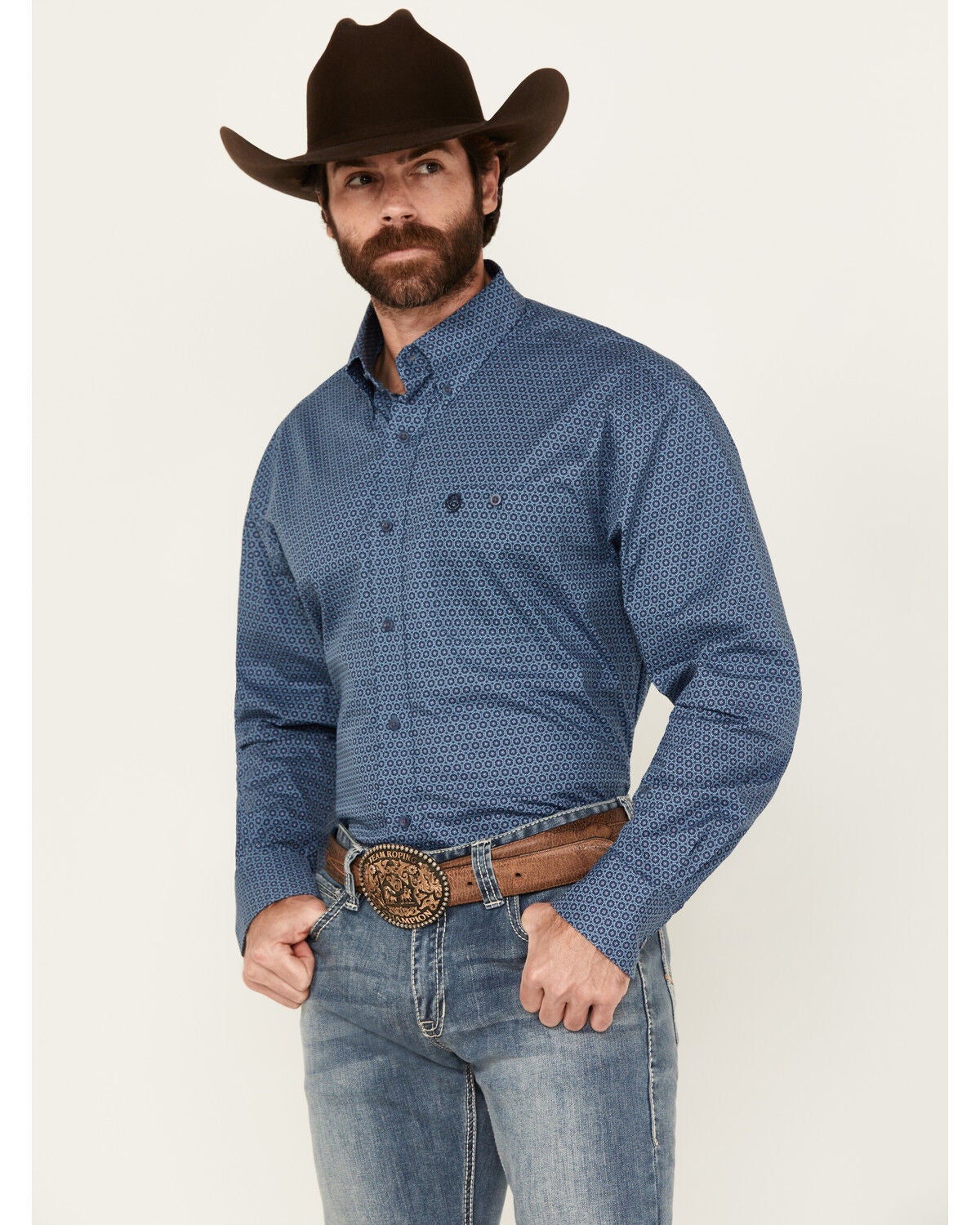 George Strait by Wrangler Geo Print Long Sleeve Button-Down Stretch Western Shirt, Navy, hi-res