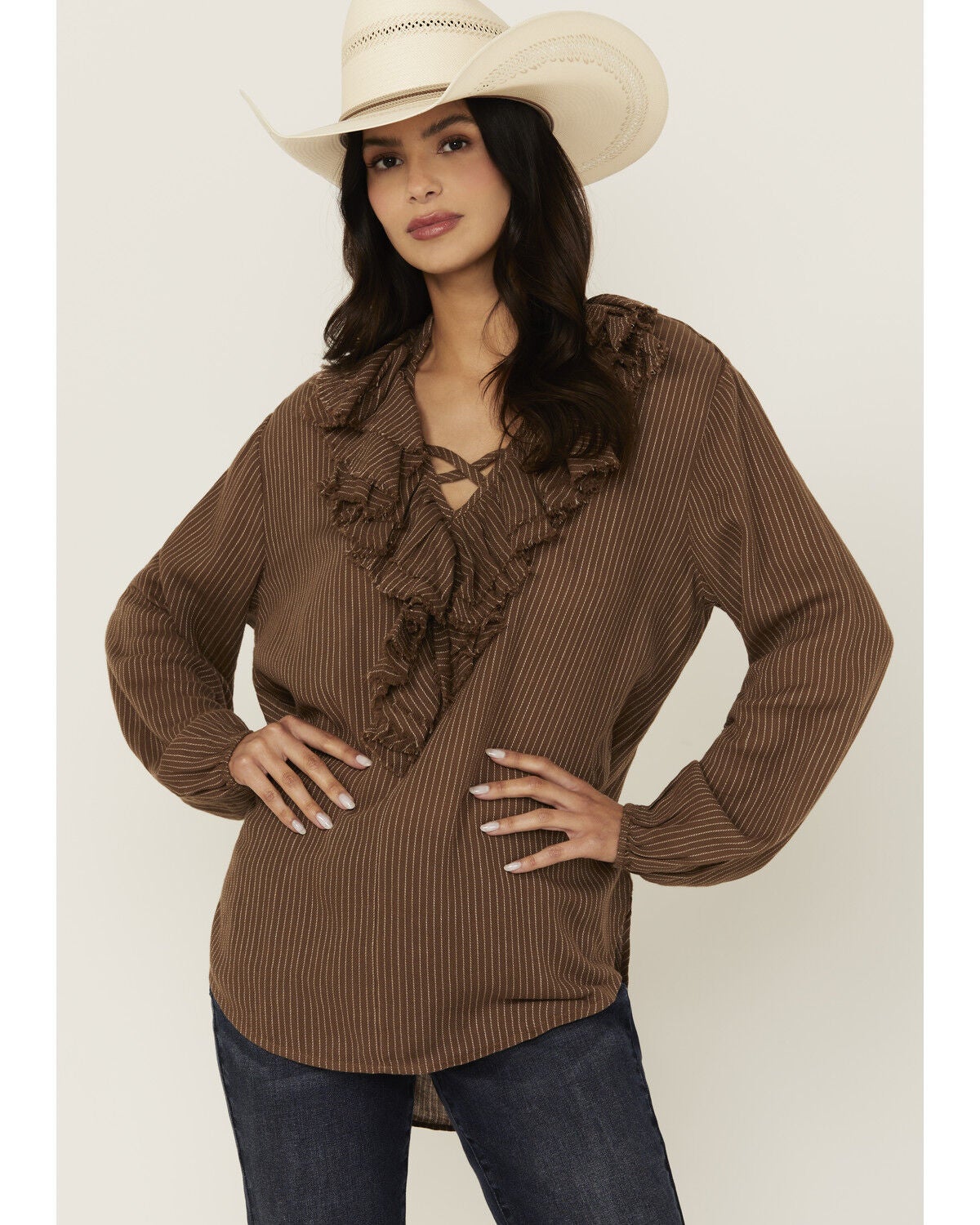 Cleo + Wolf Women's Bren Ruffle Front Long Sleeve Shirt, Chocolate Brown, hi-res