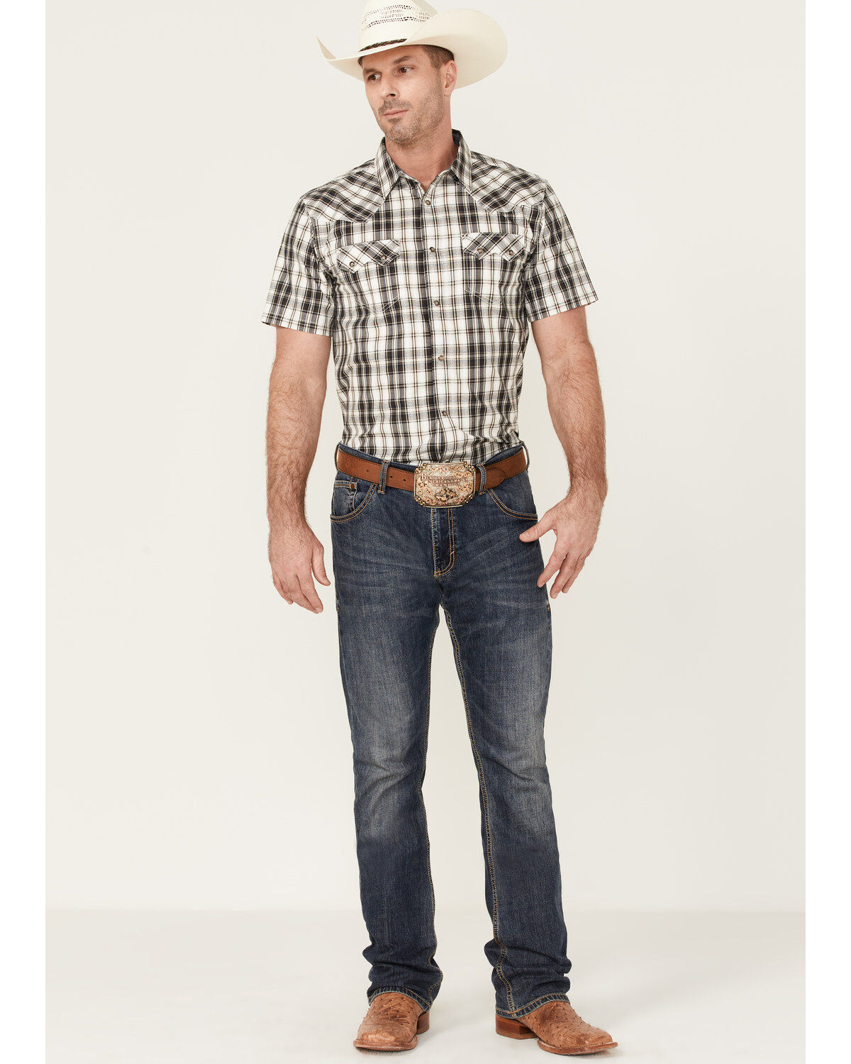 Image #2 - Cody James Men's Statement Dobby Plaid Short Sleeve Snap Western Shirt, White, hi-res