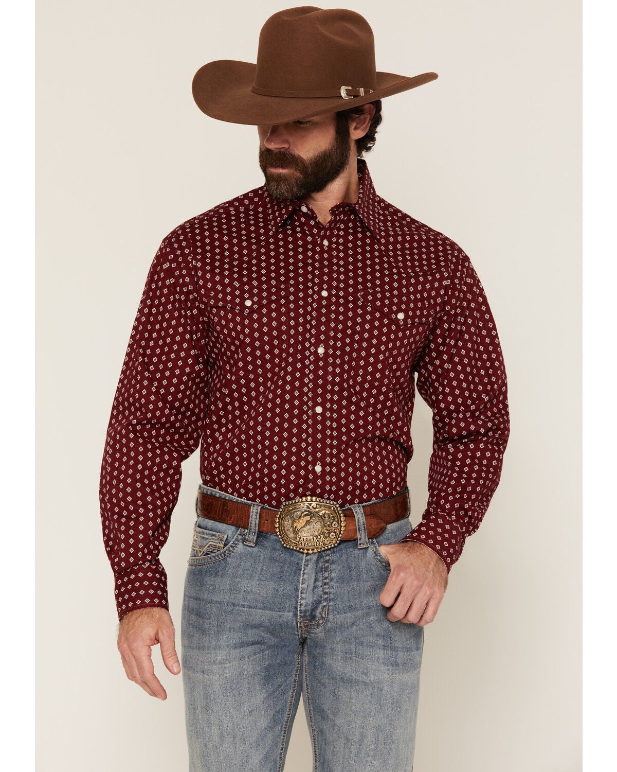 Panhandle Slim Men's Geo Print Long Sleeve Snap Stretch Western Shirt, Red, hi-res