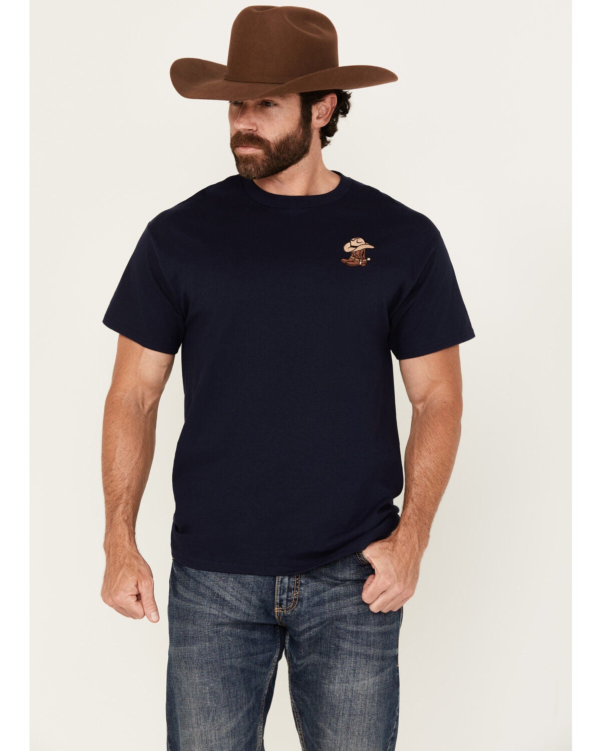 Riot Society Men's Boot Barn Exclusive Boots and Hat Embroidered Short Sleeve T-Shirt, Navy, hi-res
