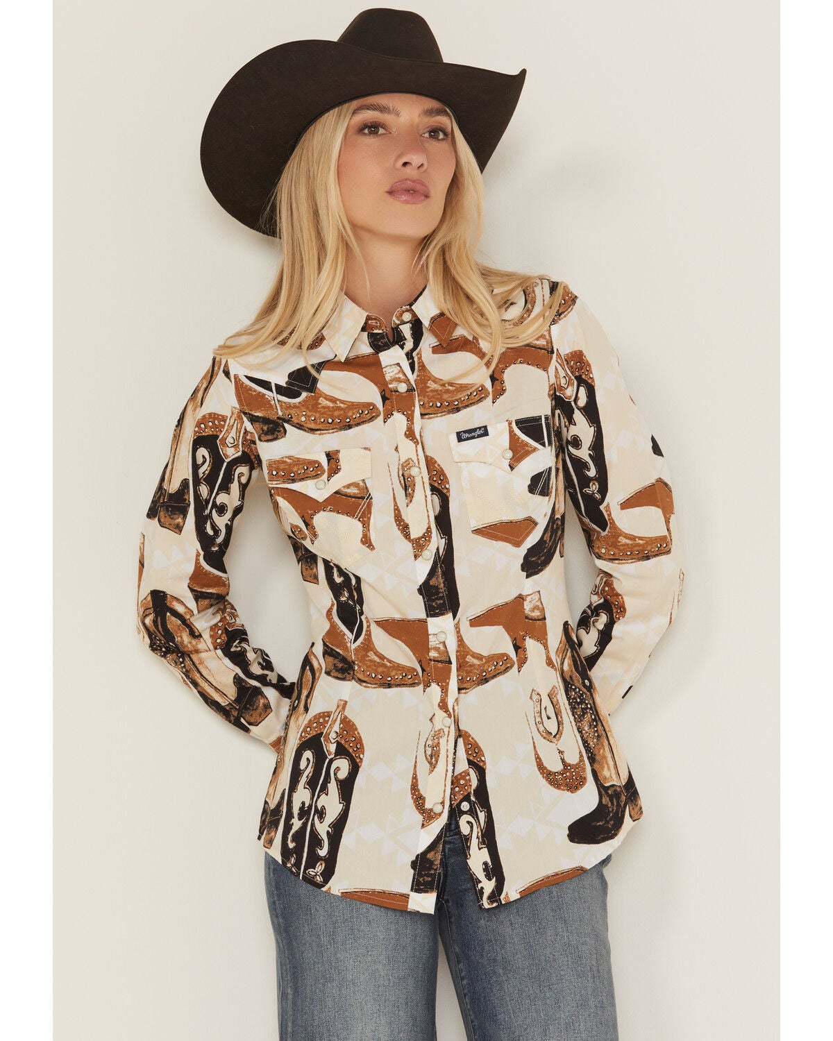 Wrangler Retro Women's Boot Print Long Sleeve Snap Western Shirt, White, hi-res