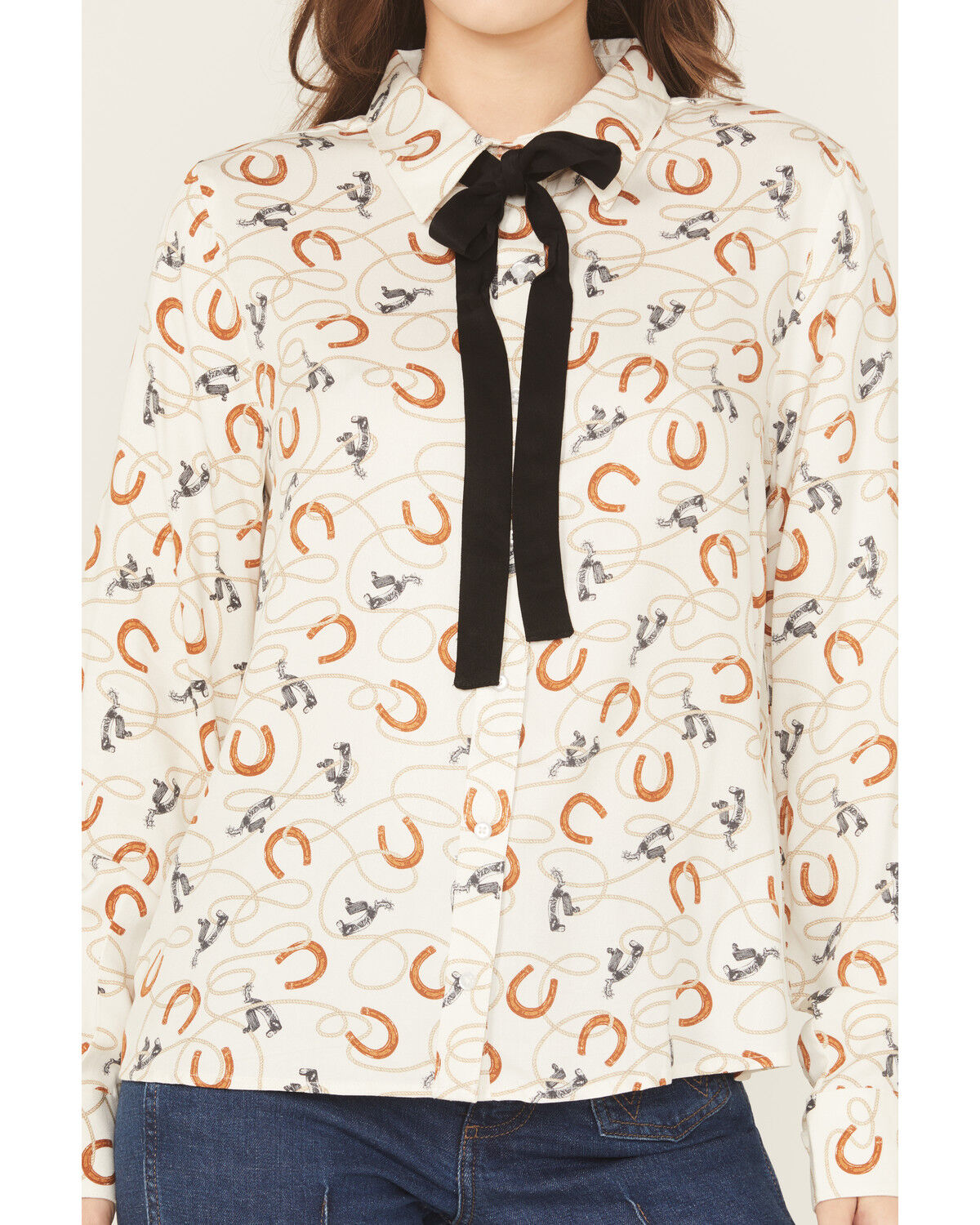Image #3 - Wrangler Retro Women's Horseshoe Print Neck Tie Long Sleeve Button-Down Western Shirt, White, hi-res