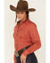 Cinch Women's Striped Geo Print Long Sleeve Button Down Shirt, Orange, hi-res