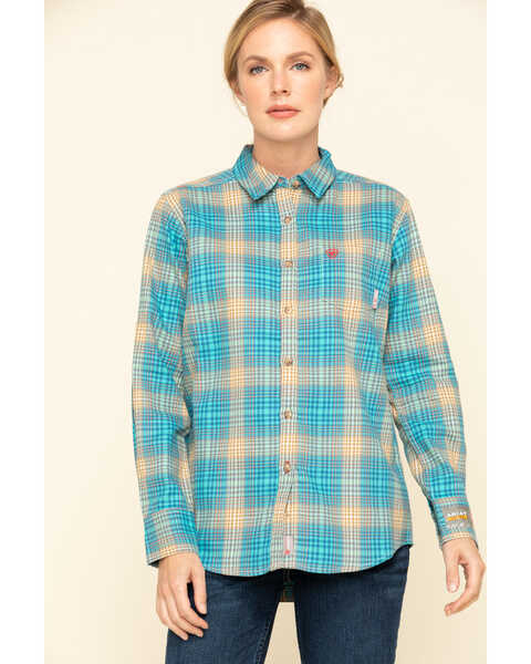 Ariat Women's Boot Barn Exclusive FR Savana Plaid Print Long Sleeve Work Shirt, Blue, hi-res