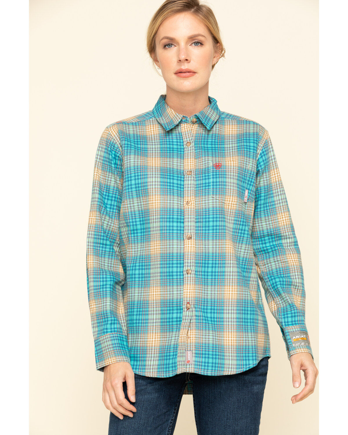 Image #1 - Ariat Women's Boot Barn Exclusive FR Savana Plaid Print Long Sleeve Work Shirt, , hi-res