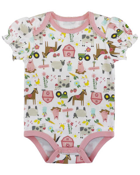 John Deere Infant Girls' Farm Graphic Print Ruffled Short Sleeve Onesie , White, hi-res