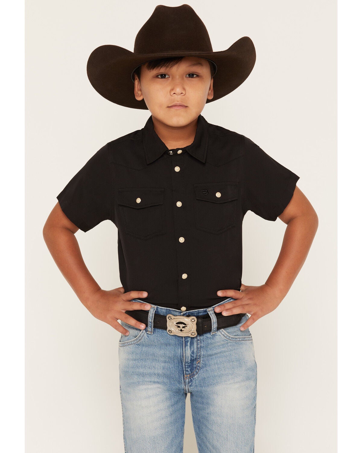 Image #1 - Burlebo Boys' Solid Short Sleeve Button-Down Stretch Performance Western Shirt, Black, hi-res