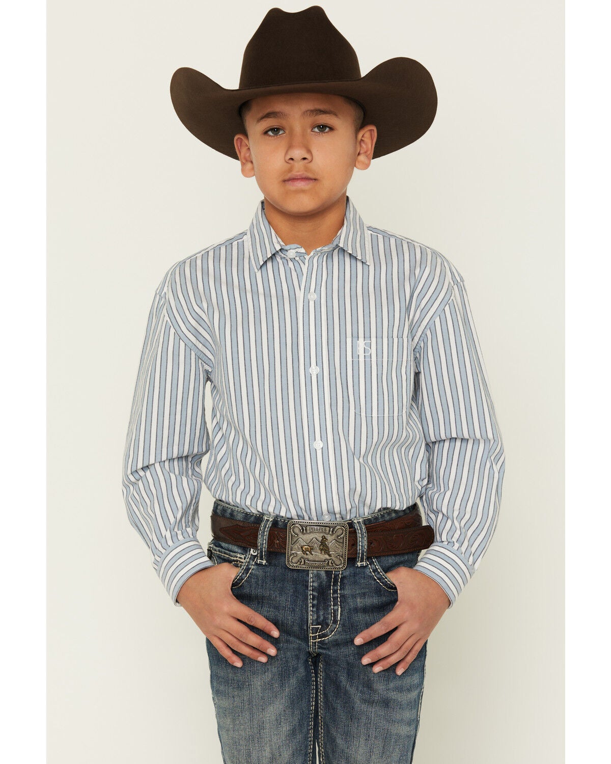 Image #1 - Panhandle Slim Boys' Striped Long Sleeve Button-Down Western Shirt, Blue, hi-res