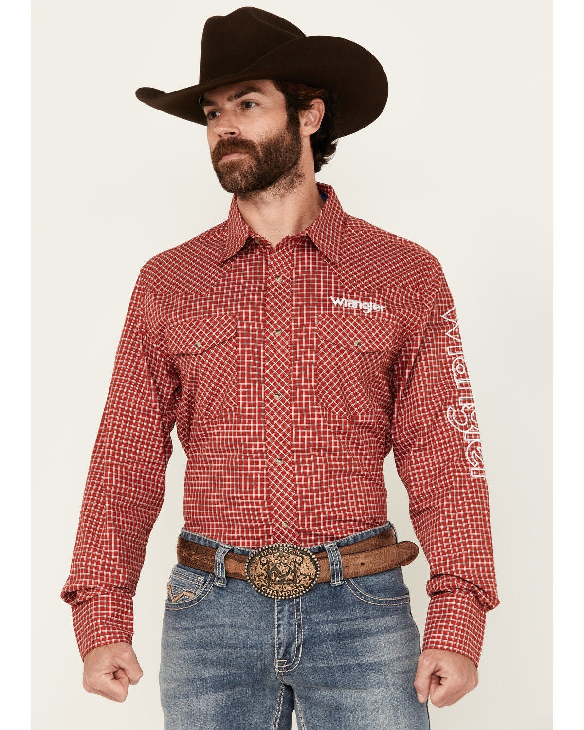 Wrangler Men's Logo Checkered Print Long Sleeve Snap Western Shirt, Red, hi-res