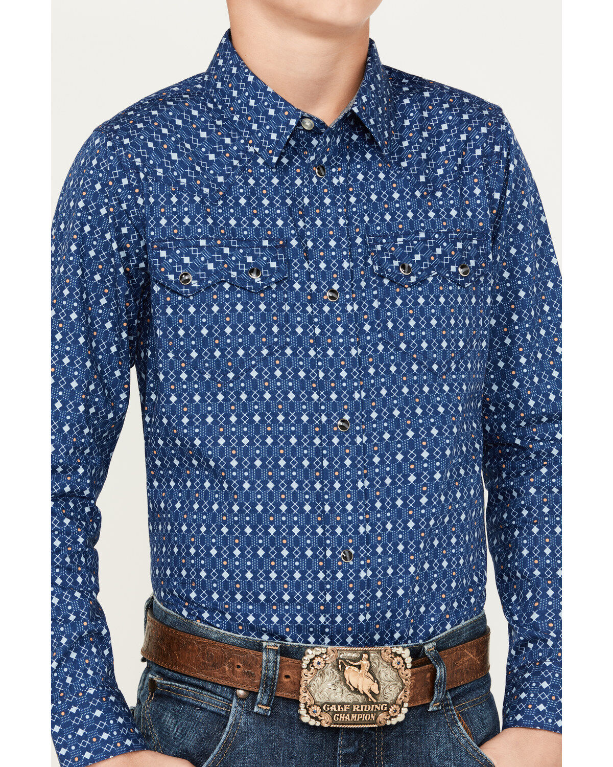 Image #3 - Cody James Boys' El Paso Geo Print Long Sleeve Snap Western Shirt, Navy, hi-res
