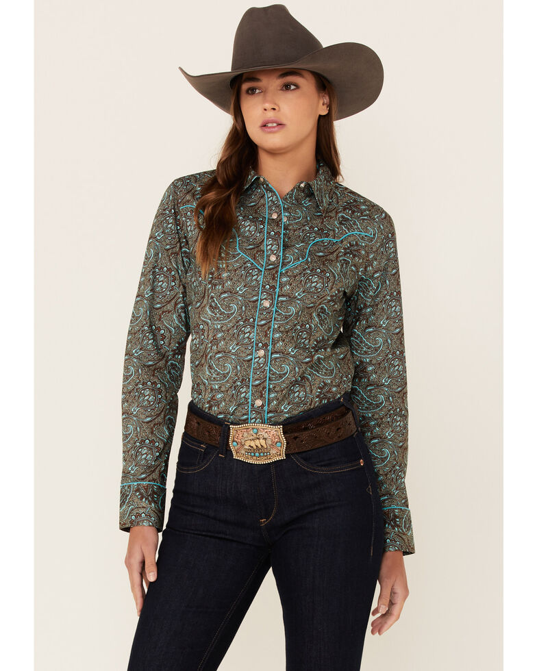 Panhandle Women's Turquoise & Brown Paisley Snap Shirt , Teal, hi-res