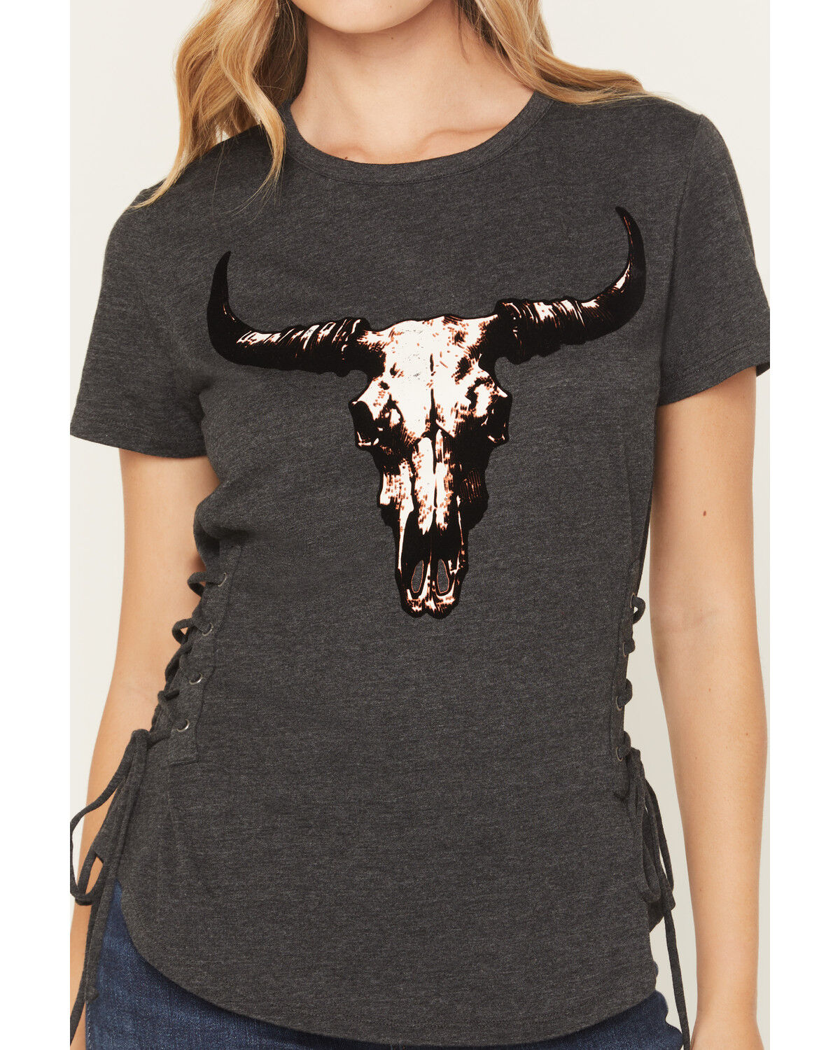 Image #3 - Blended Women's Bull Skull Short Sleeve Graphic Tee, Charcoal, hi-res