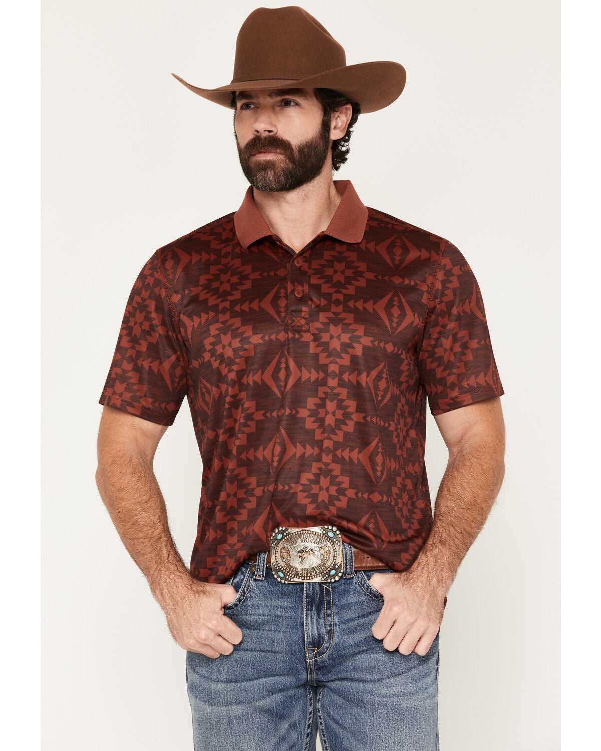 Image #1 - RANK 45&reg; Men's Tonal Southwestern Print Short Sleeve Button-Down Polo, Heather Red, hi-res