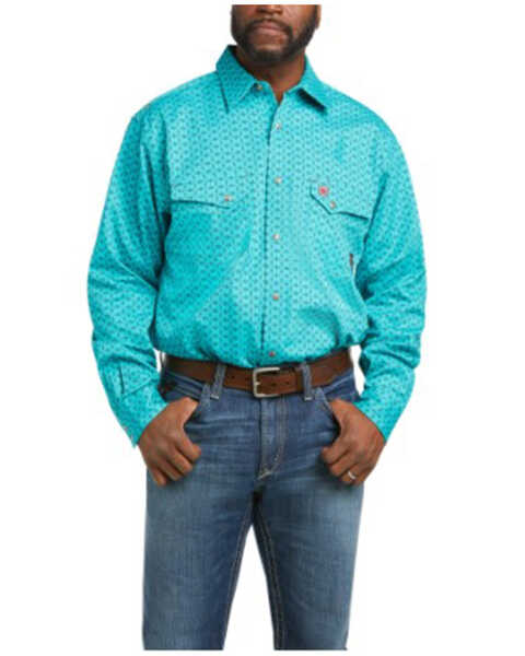 Ariat Men's FR Lopez Geo Print Long Sleeve Snap Work Shirt , Blue, hi-res