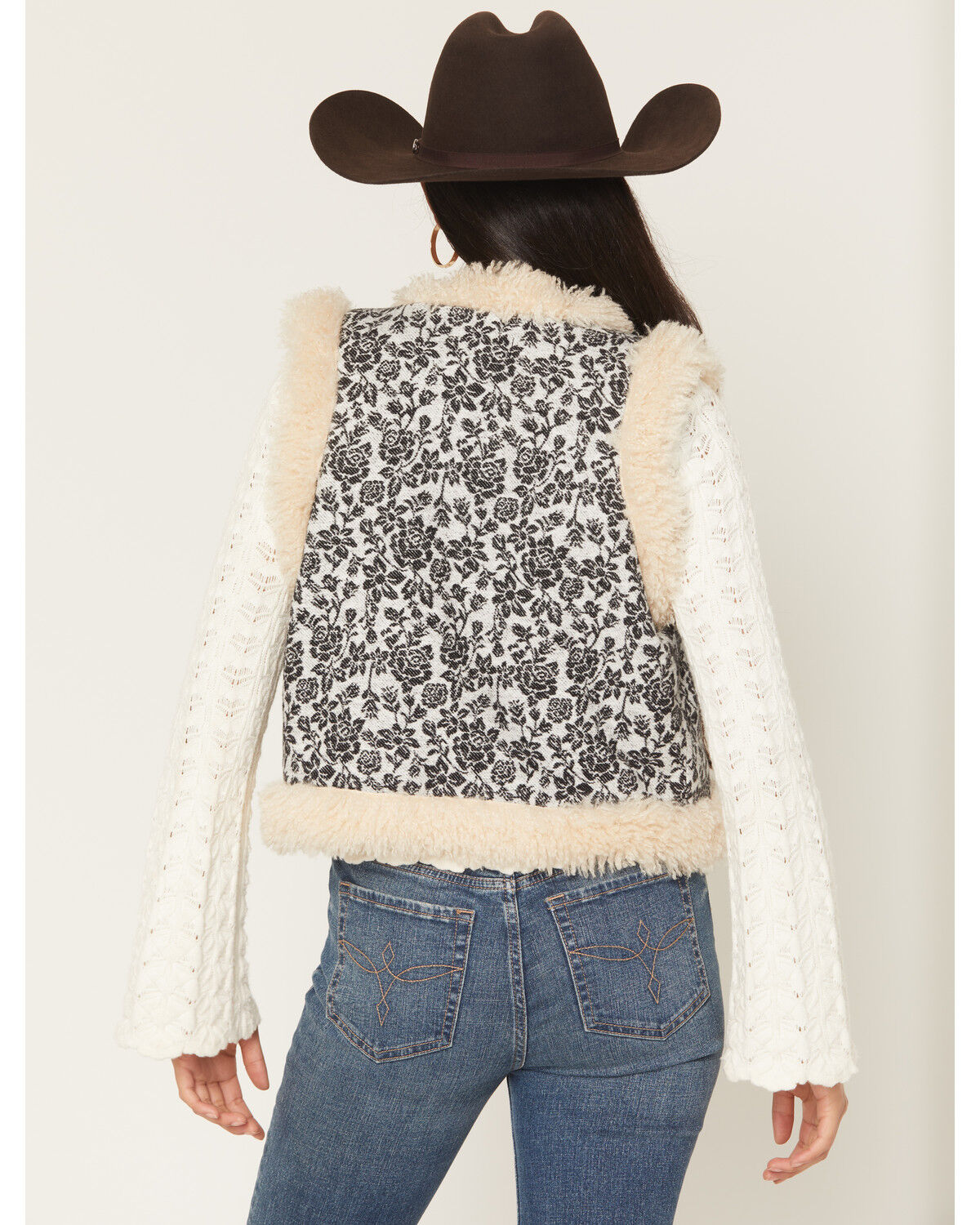 Image #4 - Rock & Roll Denim Women's Faux Fur Lined Floral Fashion Vest, White, hi-res