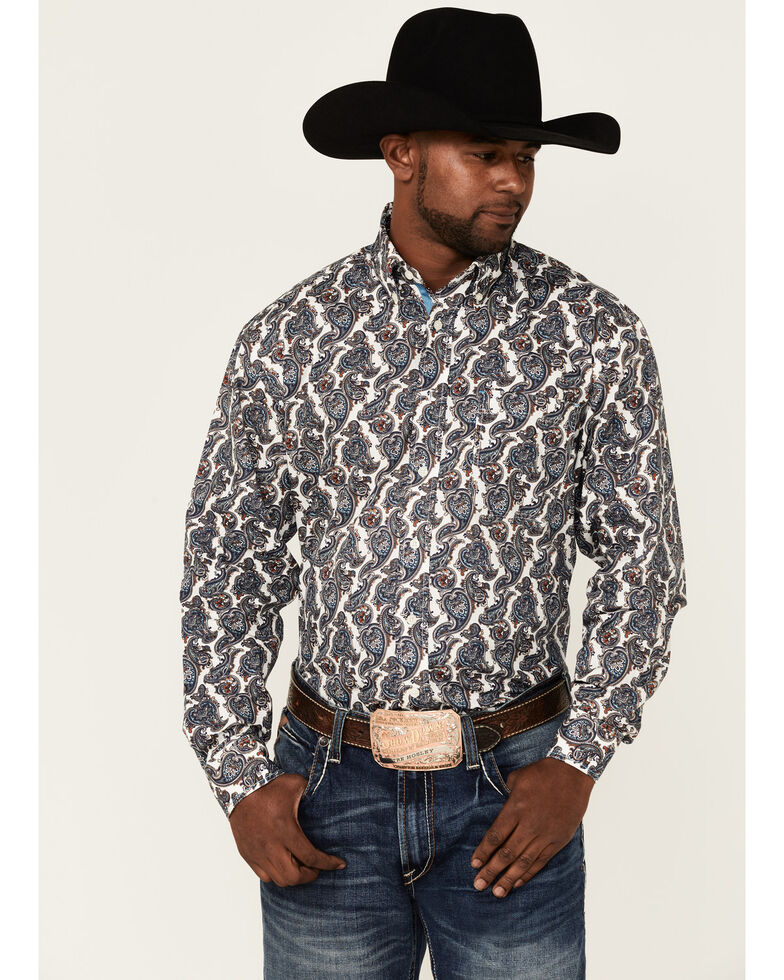 Rough Stock By Panhandle Men's Ercu Paisley Print Long Sleeve Button-Down Western Shirt , Navy, hi-res