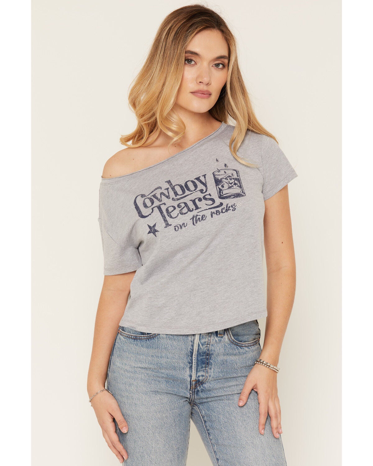 Image #1 - Youth in Revolt Women's Cowboy Tears Off The Shoulder Short Sleeve Graphic Tee, Grey, hi-res