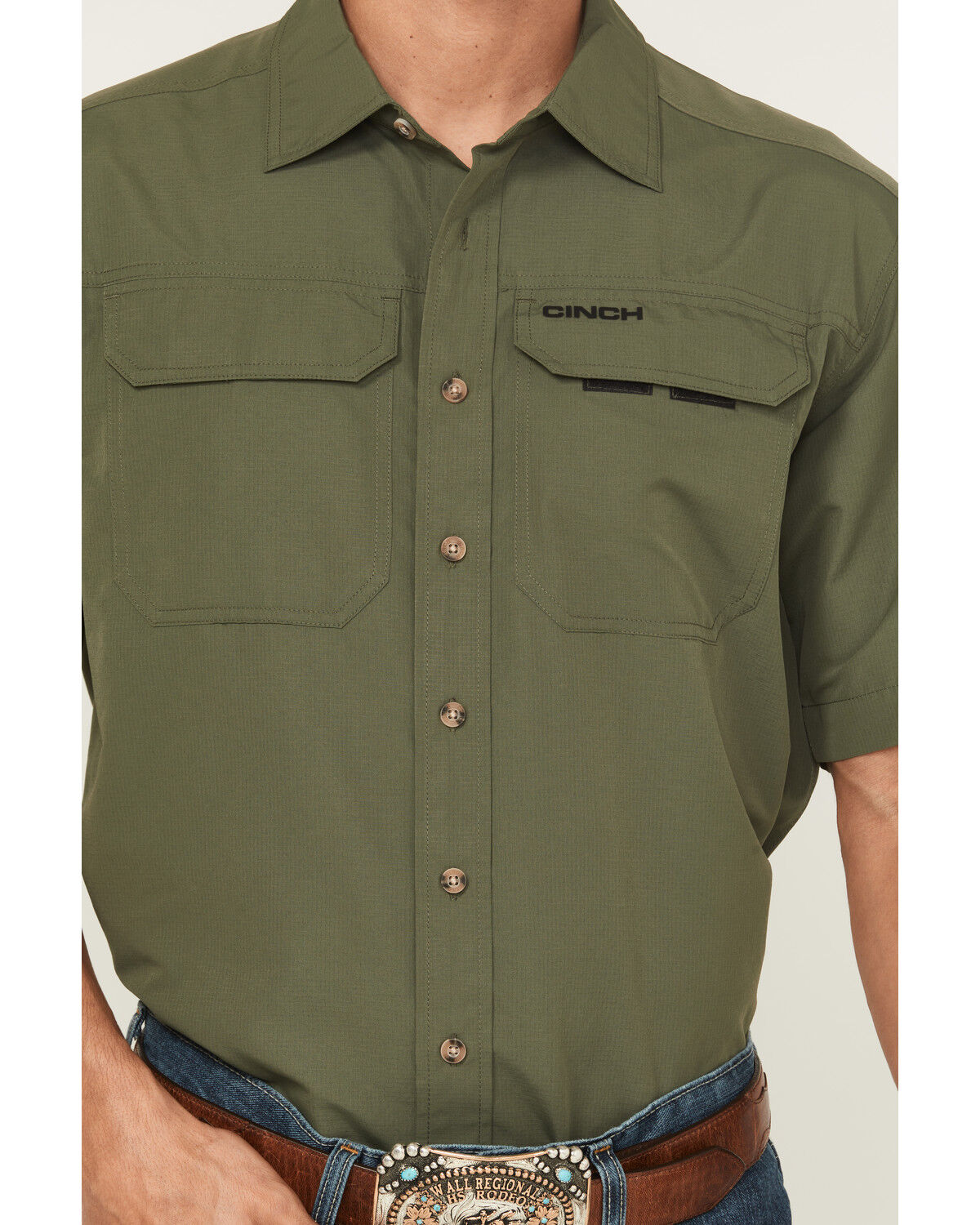 Image #3 - Cinch Men's Solid Short Sleeve Button-Down Performance Stretch Western Shirt, Green, hi-res