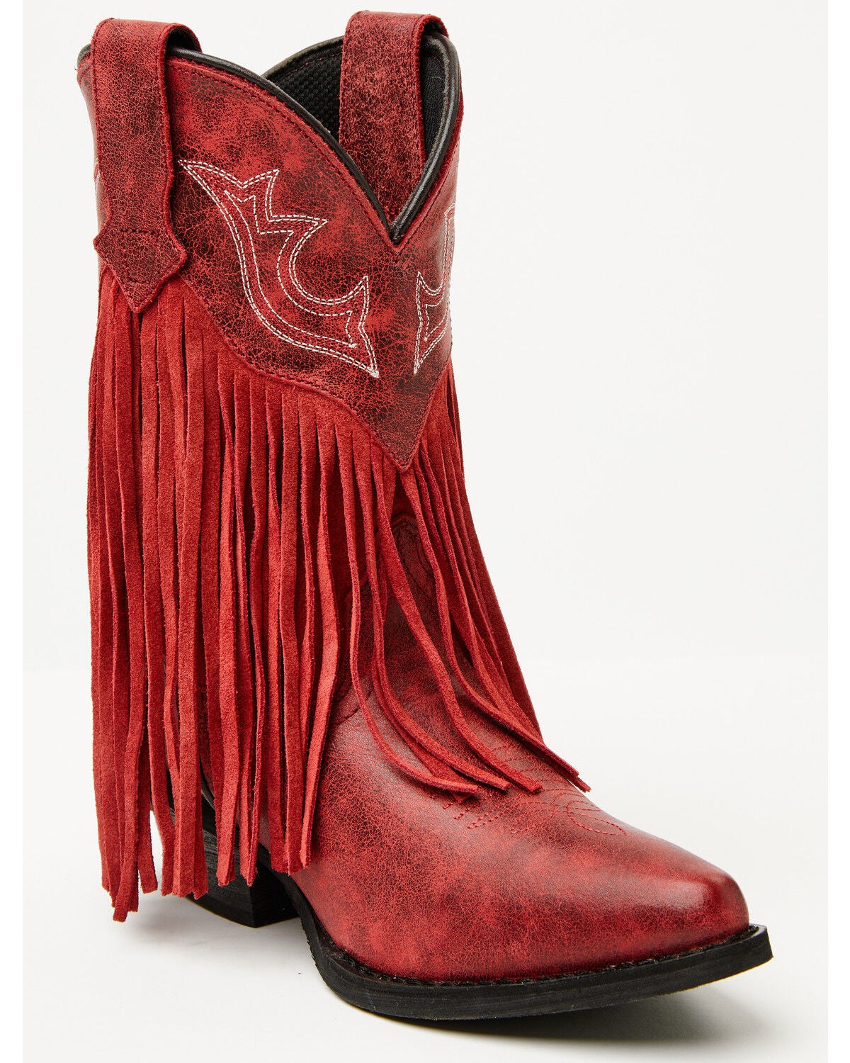 Dan Post Girls' Happy Trails Fringe Western Boots - Snip Toe, Red, hi-res