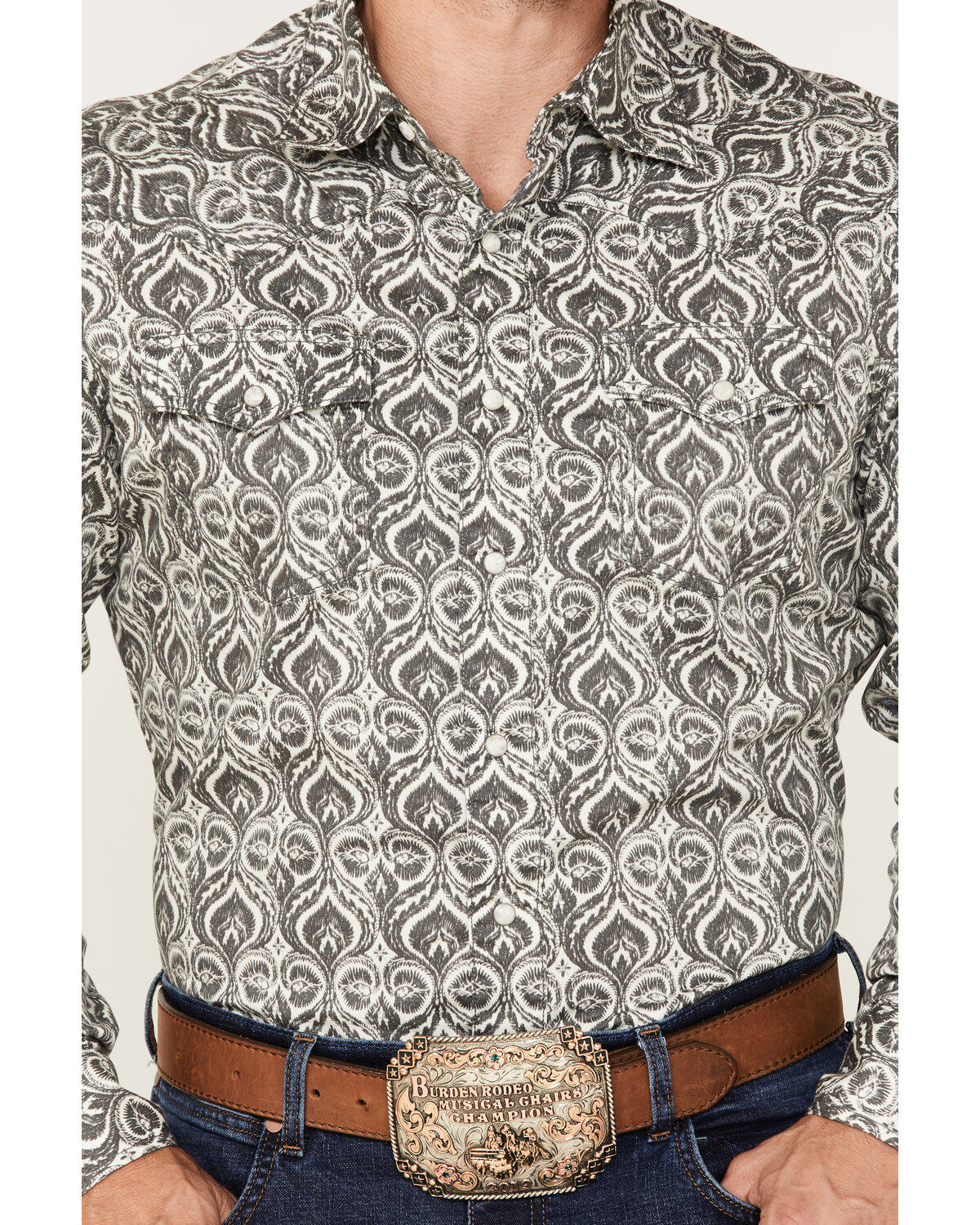 Image #3 - Wrangler Retro Premium Men's All-Over Spade Print Long Sleeve Snap Western Shirt, Grey, hi-res