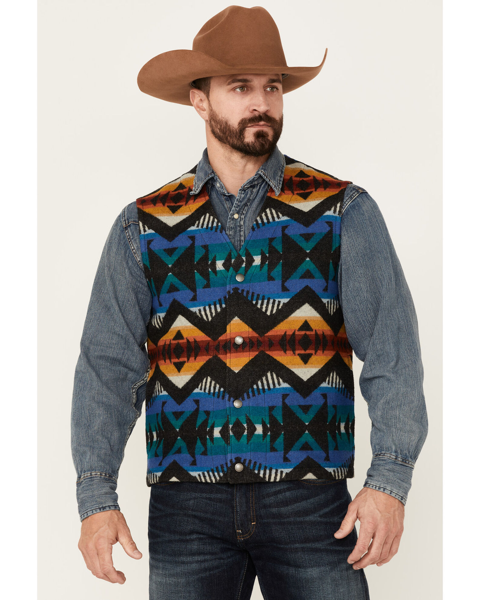 Product Name Pendleton Men s Oxford Mix All Over Print Los Lunas Snap Front Wool Vest
