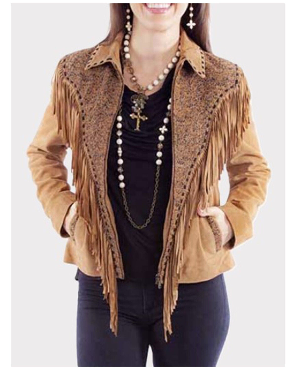 Scully Women's Fringe and Scroll Work Leather Jacket, Tan, hi-res