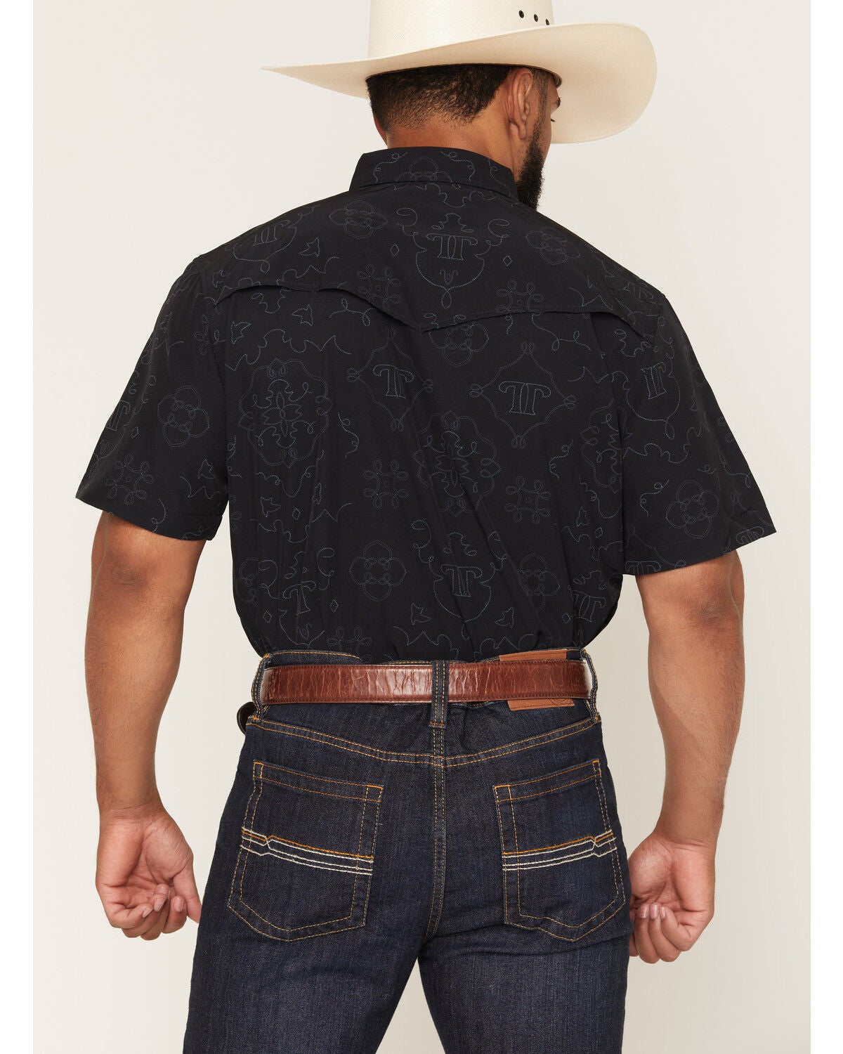 Image #4 - Ferrell Men's Tek Carson Boot Stitch Print Short Sleeve Pearl Snap Stretch Performance Western Shirt, Black, hi-res