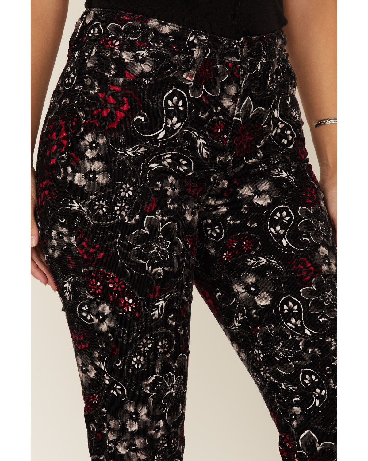 Image #2 - Idyllwind Women's Floral Print High Rise Flare Corduroy Jeans, Black, hi-res