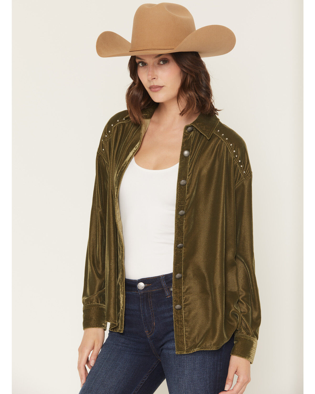 Image #2 - Rock & Roll Denim Women's Oversized Studded Velvet Concho Button Shirt, Olive, hi-res