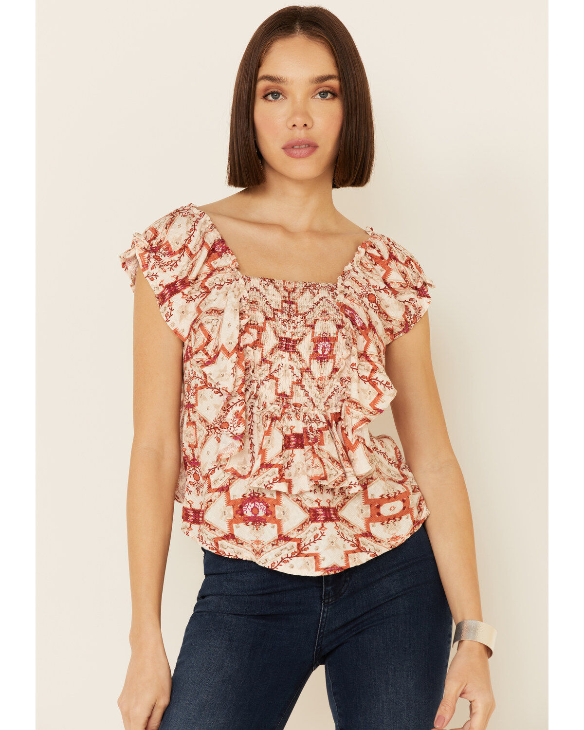 Image #1 - Shyanne Women's Tile Print Ruffle Sleeve Short Sleeve Top, , hi-res
