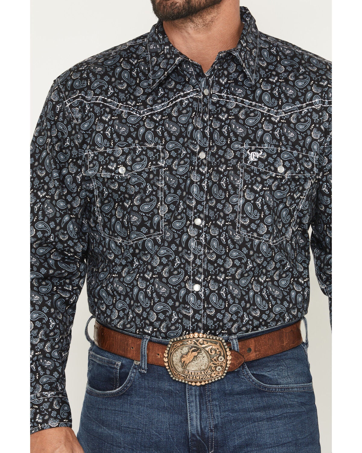 Image #3 - Cowboy Hardware Men's Scatter Paisley Print Long Sleeve Snap Stretch Western Shirt, Black, hi-res