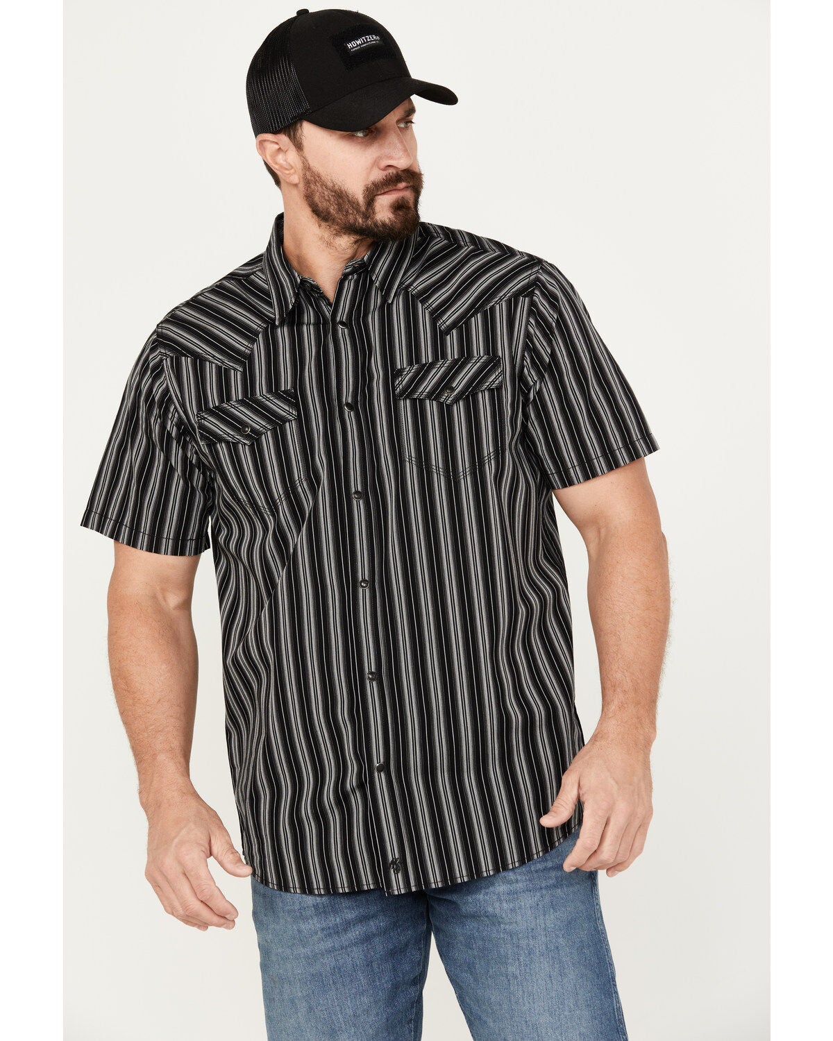 Moonshine Spirit&reg; Men's Capone Striped Short Sleeve Western Snap Shirt, Black, hi-res