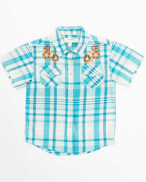 Shyanne Toddler Girls' Embroidered Plaid Print Short Sleeve Western Pearl Snap Shirt, Turquoise, hi-res