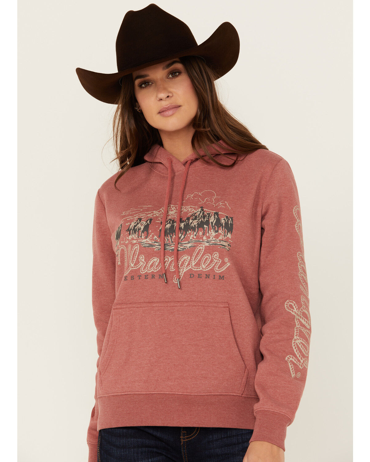 Image #1 - Wrangler Women's Logo Horse Graphic Hoodie, Rust Copper, hi-res