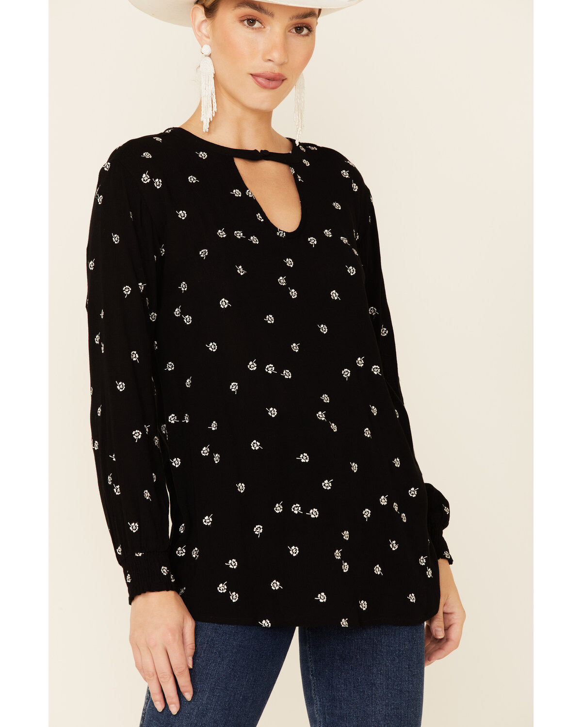 Image #3 - Shyanne Women's Floral Print Long Sleeve Peasant Tunic, Black, hi-res