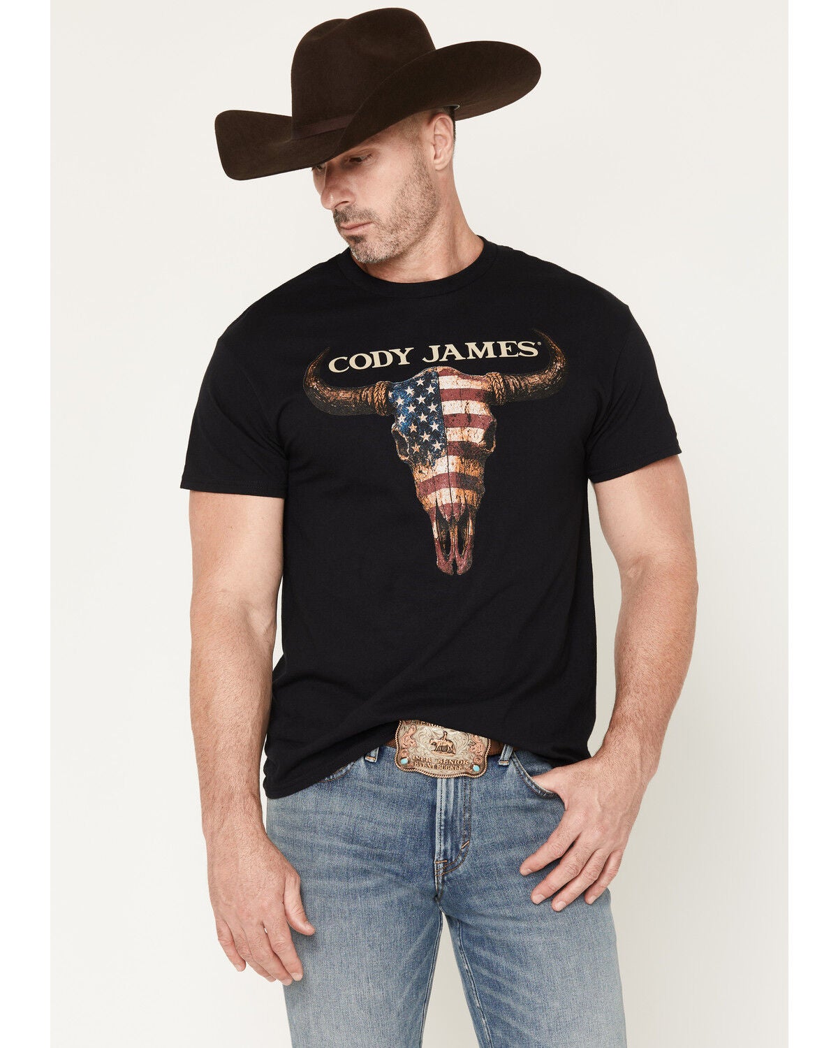 Cody James Men's Americana Steer Short Sleeve Graphic T-Shirt, Black, hi-res