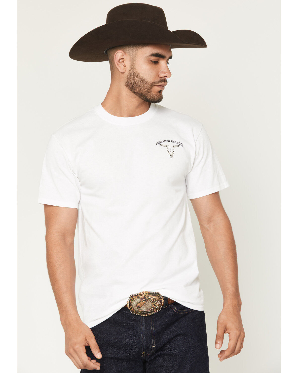 Image #2 - Cowboy Hardware Men's Mess With The Bull Short Sleeve Graphic T-Shirt, White, hi-res