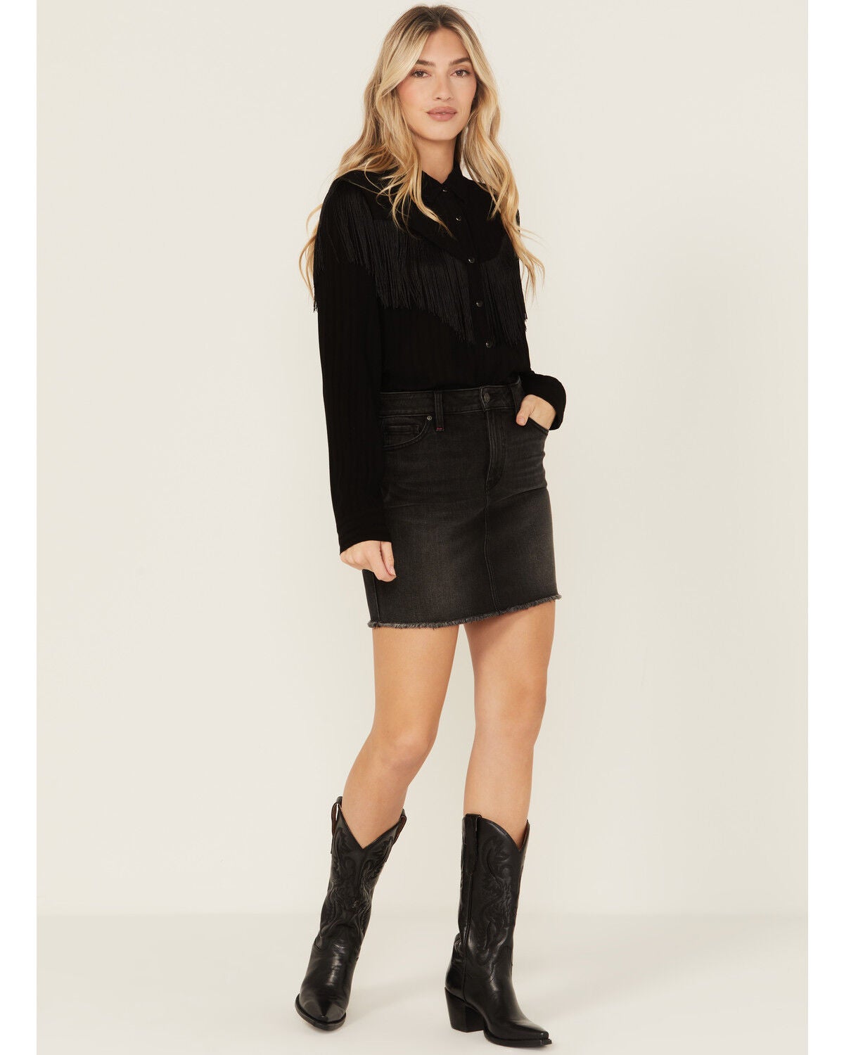 Idyllwind Women's Double Back Yoke Stretch Mini Denim Skirt, Black, hi-res