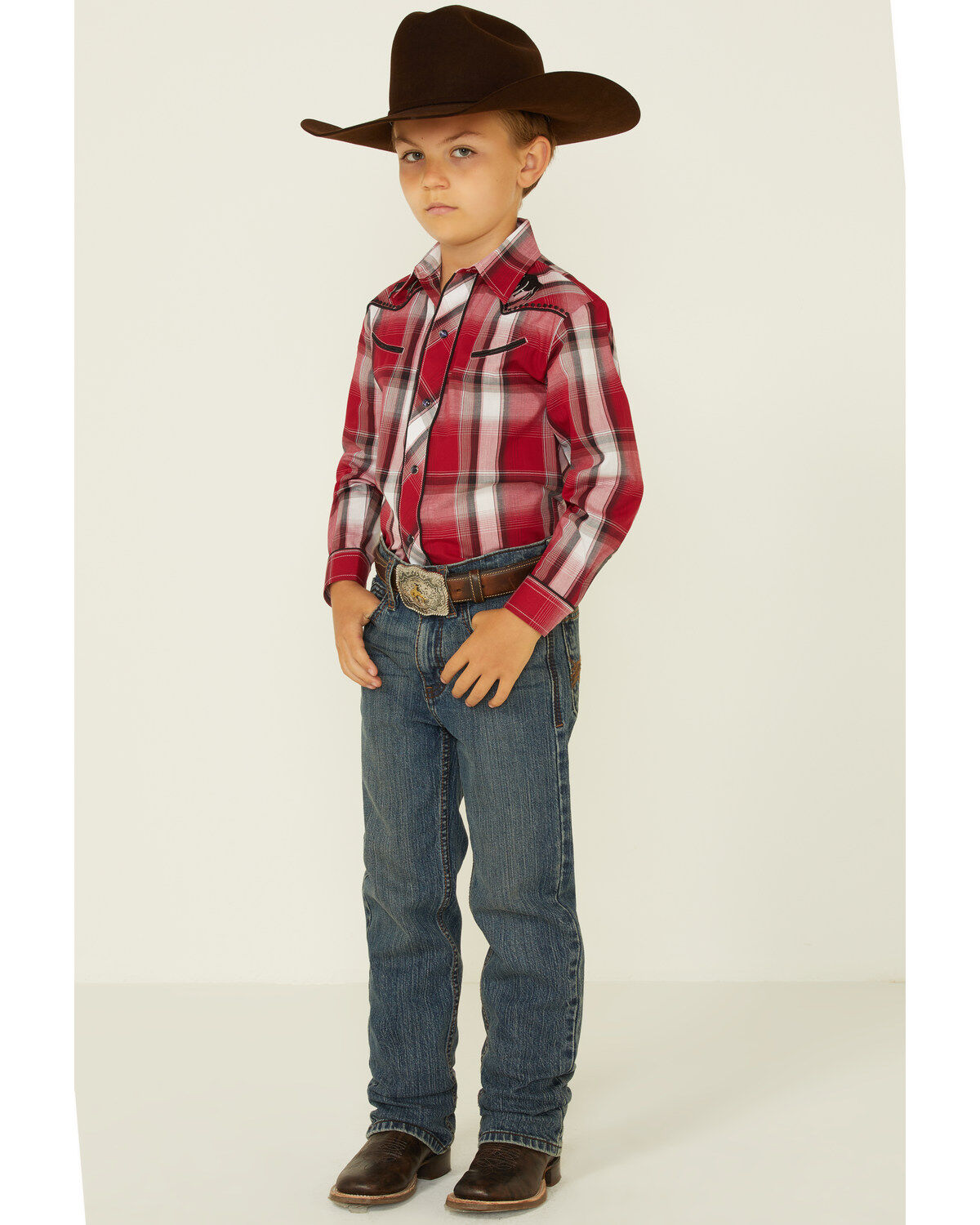 Image #2 - Roper Boys' Plaid Print Embroidered Bull Yoke Long Sleeve Snap Western Shirt, Red, hi-res