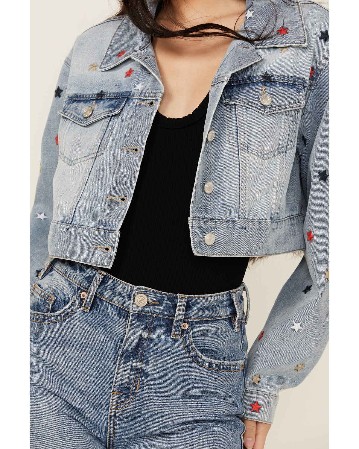 Product Name:  Stoosh Women's Medium Wash Star Embroidered Cropped Denim Jacket